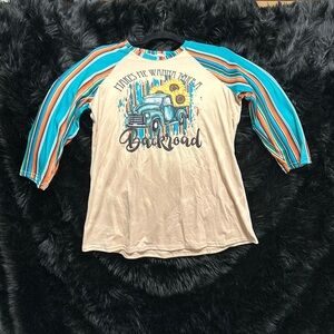 Southern Stitch Brand: multi color sleeve w/truck‎ top / Size S / NWT